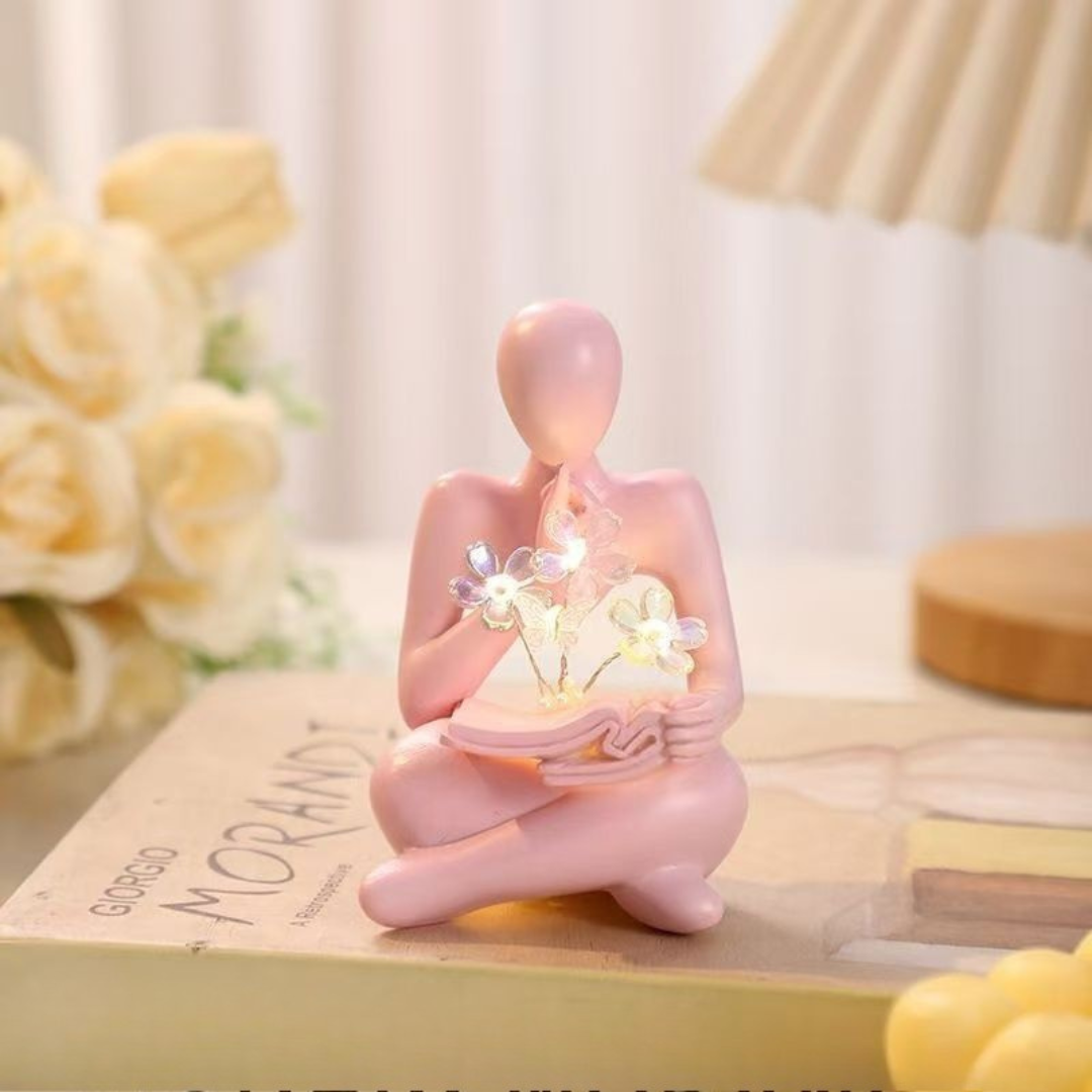LitBloom Muse – Reading Figurine LED Decor with Flowers