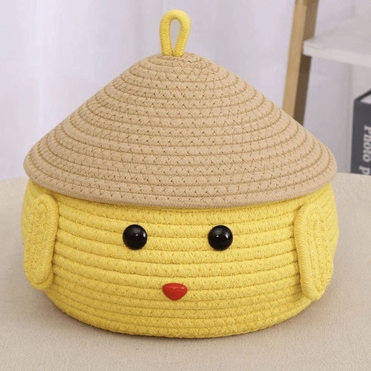 Cute Puppy-Inspired Storage Basket – Yellow with Ears, 3D Nose & Eyes, and Cap