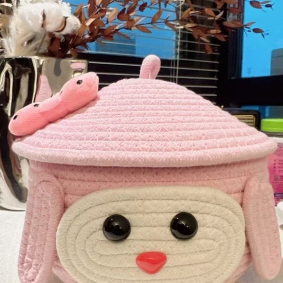 Princess Poppy Storage Basket – Pink Teddy Face with Bowknot Cap