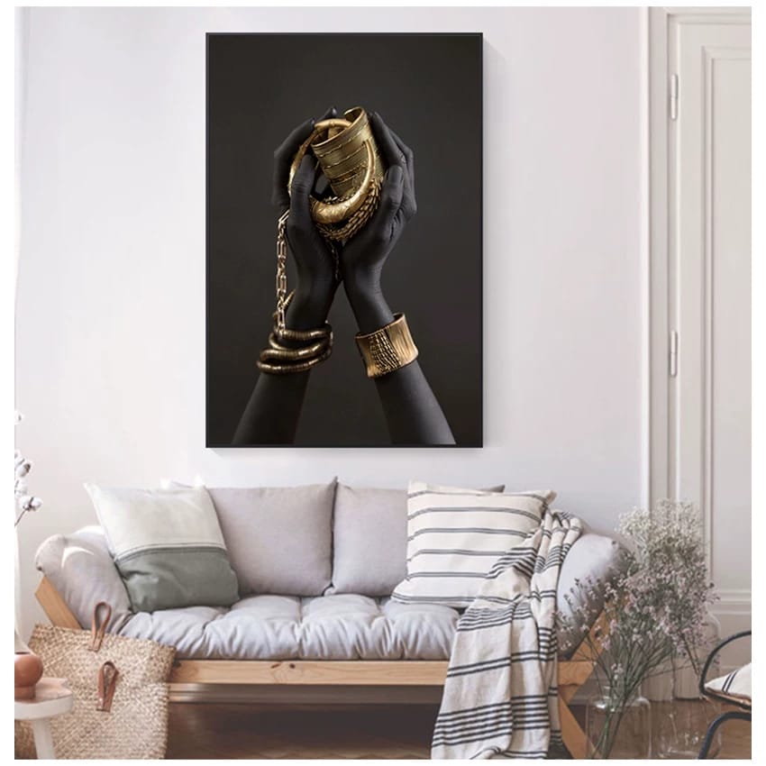 Golden Embrace – Elegant Black Hands with Gold Canvas Wall Art