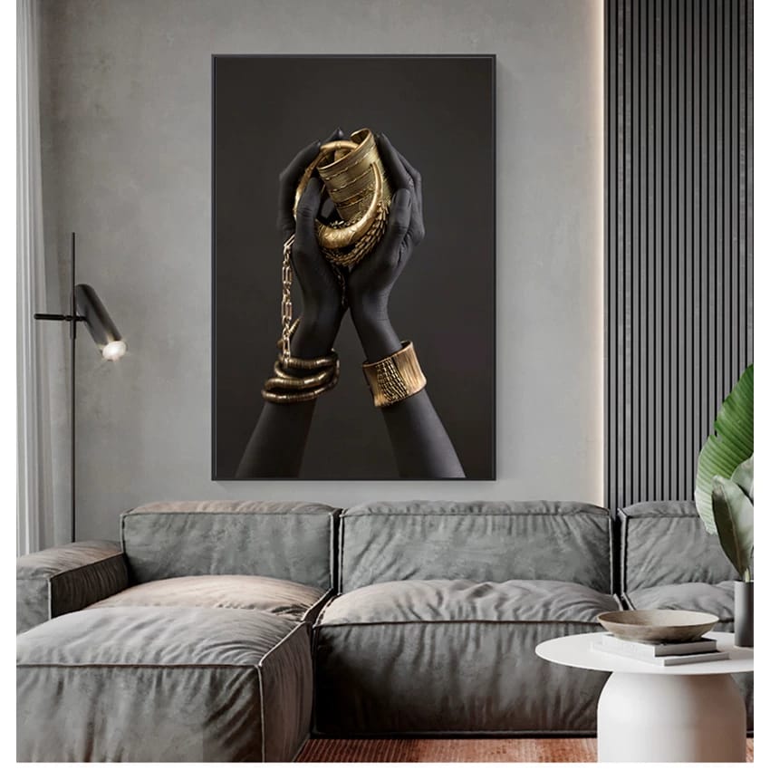 Golden Embrace – Elegant Black Hands with Gold Canvas Wall Art