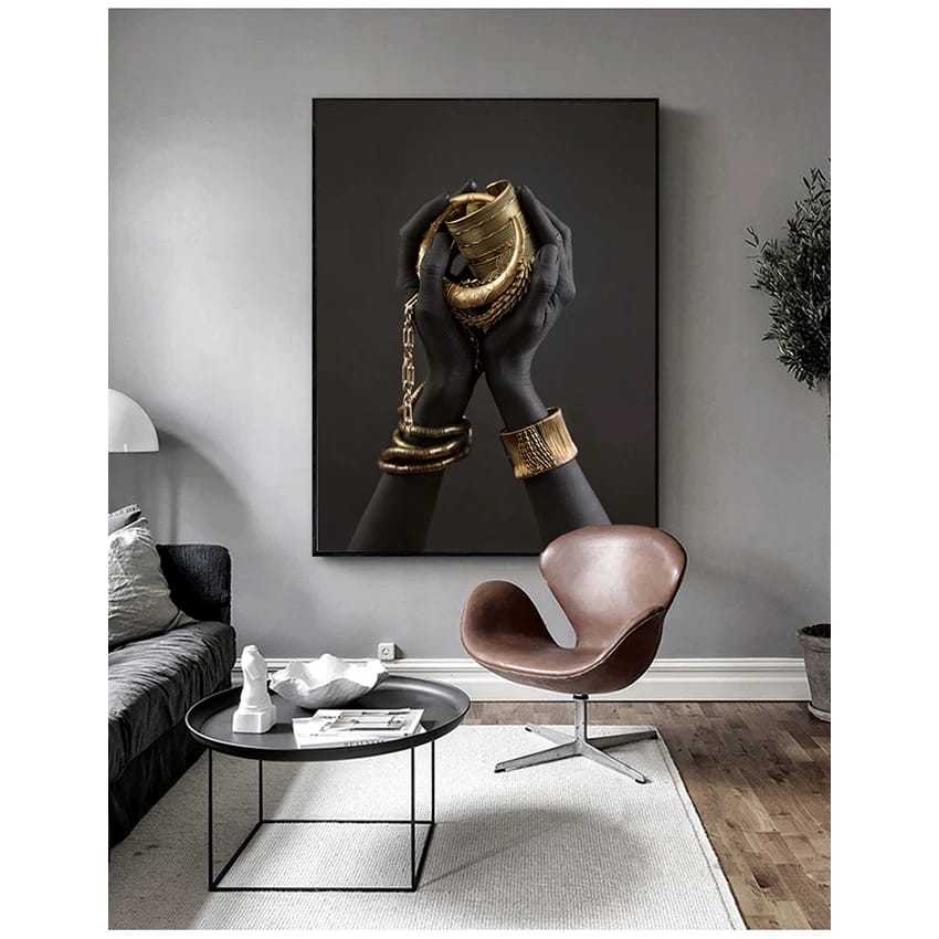 Golden Embrace – Elegant Black Hands with Gold Canvas Wall Art