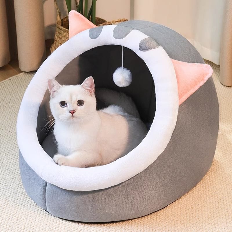 PurrFunk Haven – Plush Bear-Shaped Cat Bed with Toy
