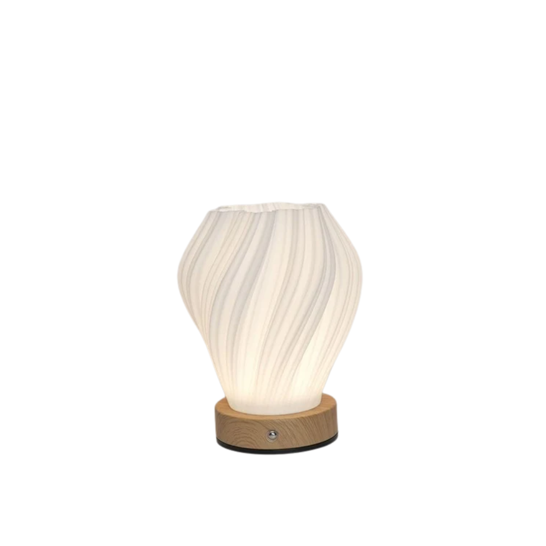 TwirlLume Vibe – Swirled Shade Table Lamp with Wooden Base, Multiple Designs