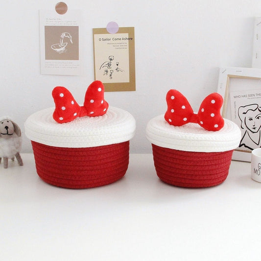 Mickey Mouse Basket – Red & White Storage with Cap & Bowknot, Small & Large Sizes