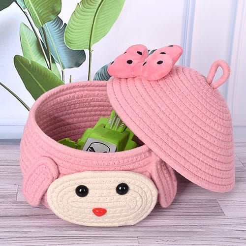 Princess Poppy Storage Basket – Pink Teddy Face with Bowknot Cap
