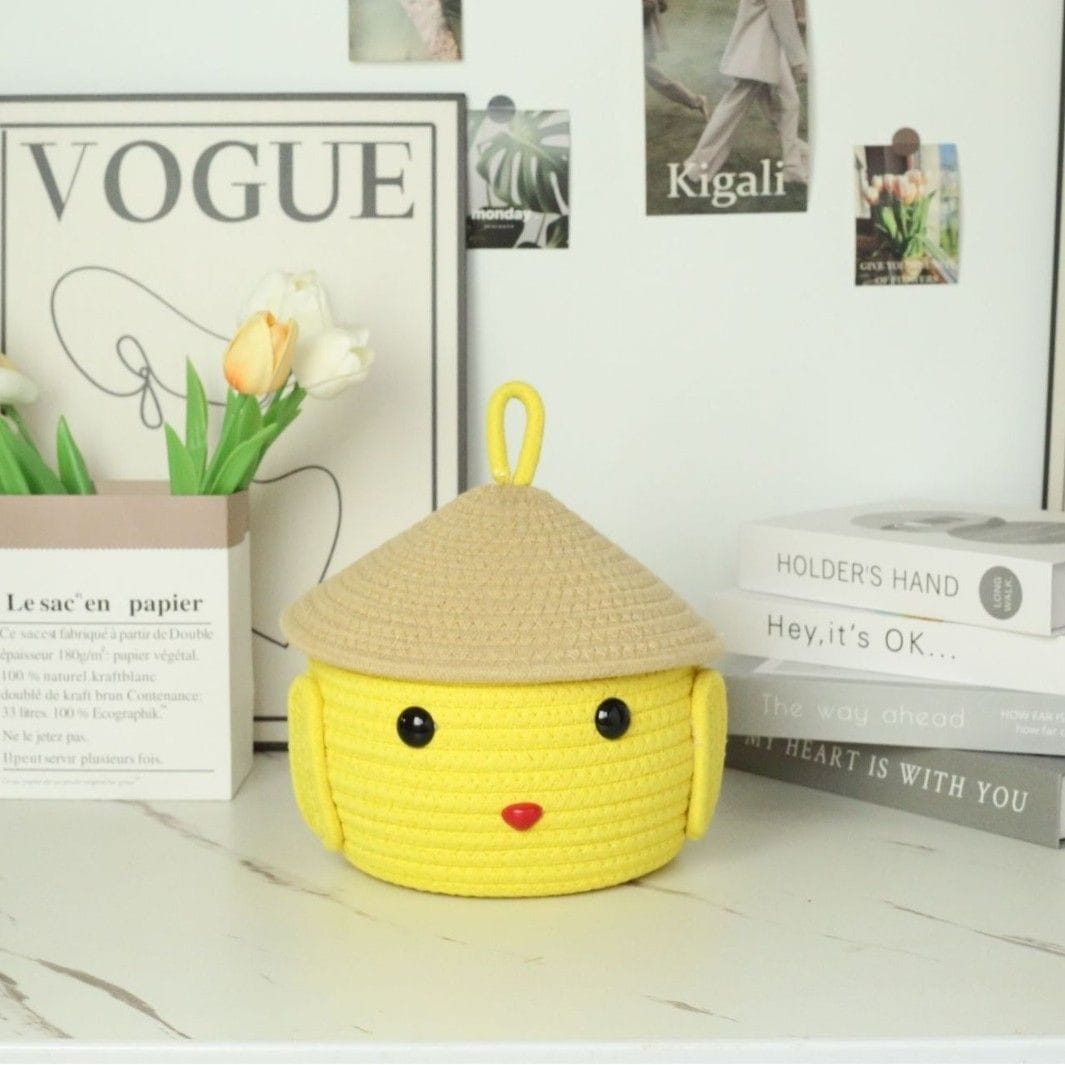 Cute Puppy-Inspired Storage Basket – Yellow with Ears, 3D Nose & Eyes, and Cap