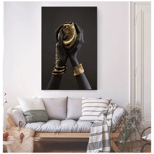 Golden Embrace – Elegant Black Hands with Gold Canvas Wall Art