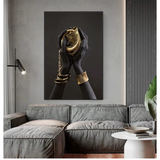 Golden Embrace – Elegant Black Hands with Gold Canvas Wall Art