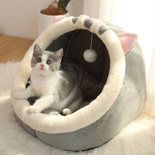 PurrFunk Haven – Plush Bear-Shaped Cat Bed with Toy