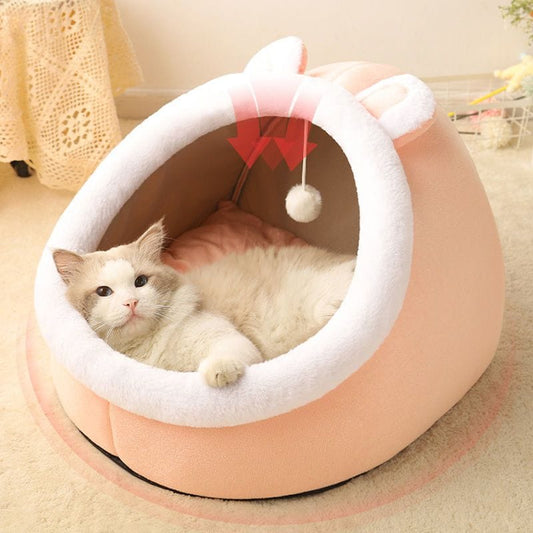PurrFunk Haven – Plush Bear-Shaped Cat Bed with Toy
