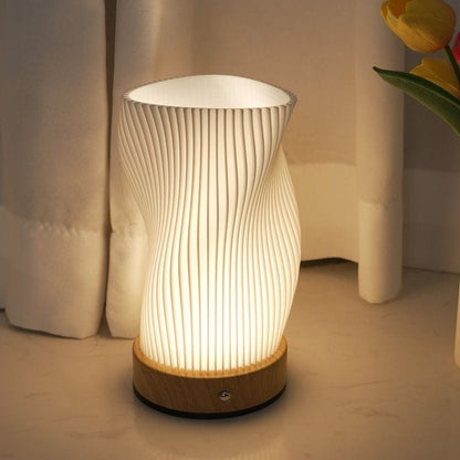 TwirlLume Vibe – Swirled Shade Table Lamp with Wooden Base, Multiple Designs