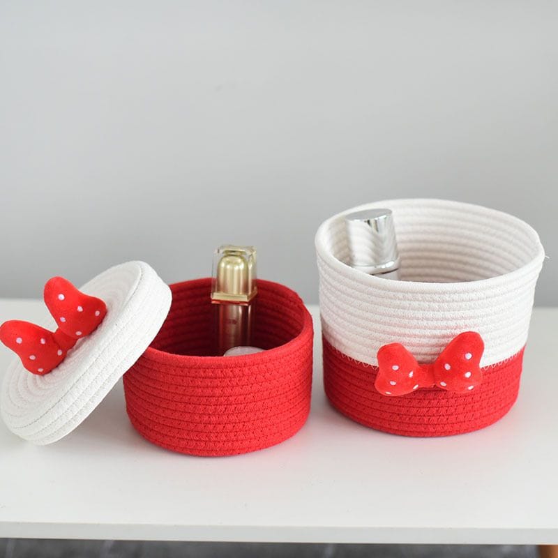 Red & White Rope Storage Basket – Decorative Bowknot Organizer