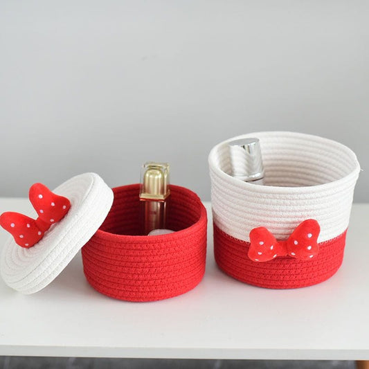 Red & White Rope Storage Basket – Decorative Bowknot Organizer