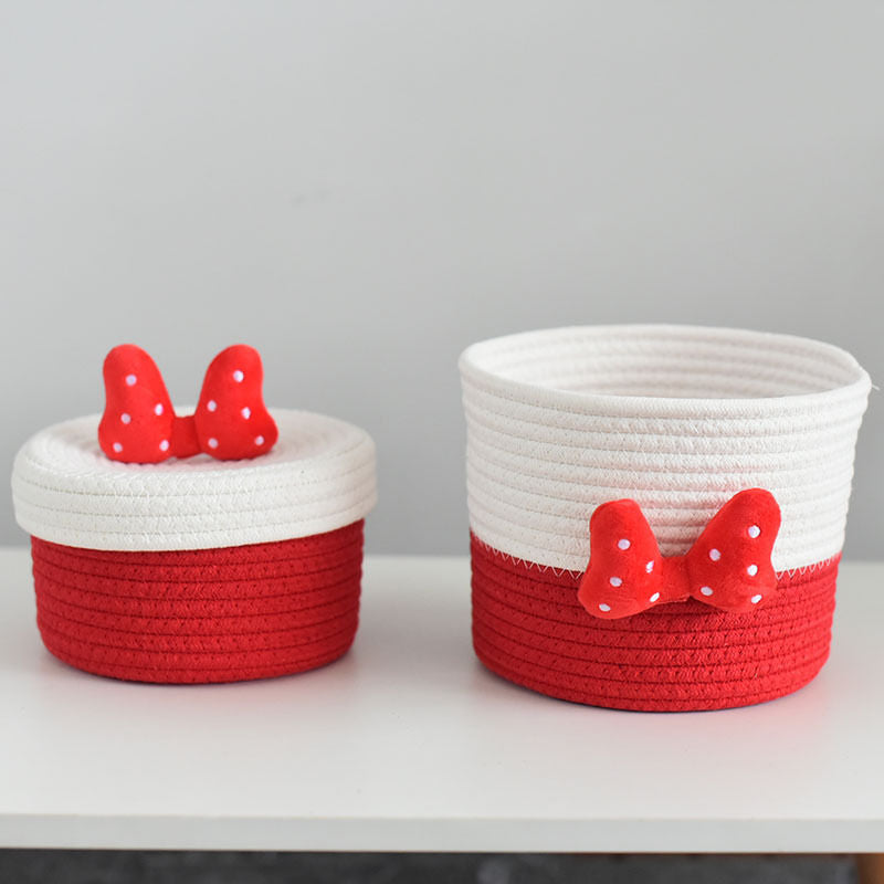Red & White Rope Storage Basket – Decorative Bowknot Organizer