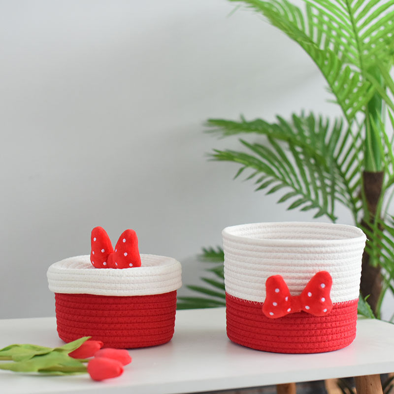 Red & White Rope Storage Basket – Decorative Bowknot Organizer