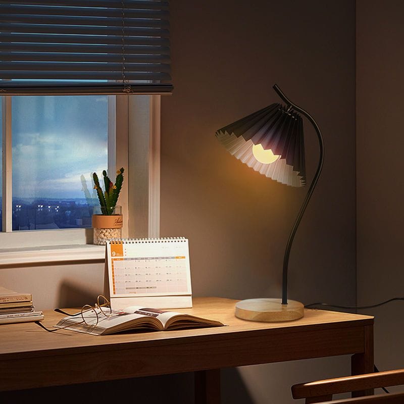 NovaFold Luxe – Pleated Shade Desk Lamp with Wooden Base, Black or White